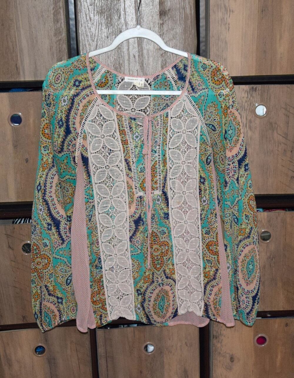 Anthropologie Meadow Rue Women Lace Inset Floral Boho Top Small Long Sleeve Sz M